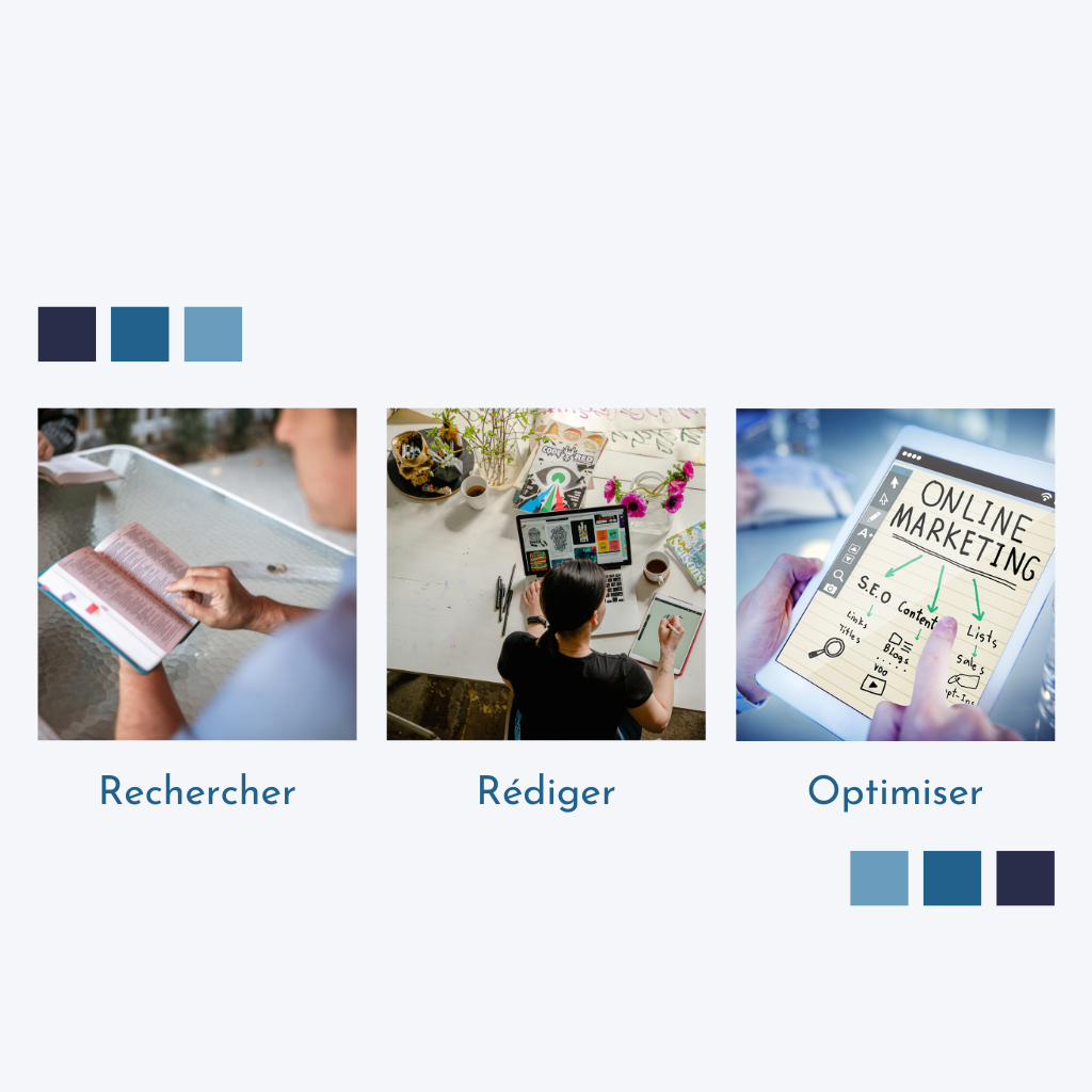 Les trois missions principales du rédacteur web : rechercher, rédiger, optimiser.