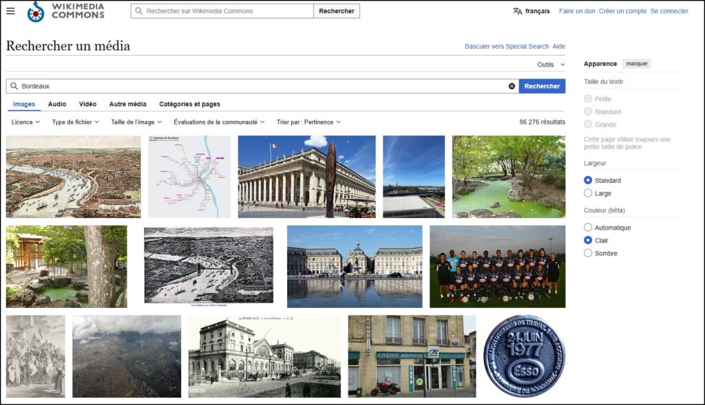 Les résultats de recherche de Wikimédia Commons avec la requête Bordeaux