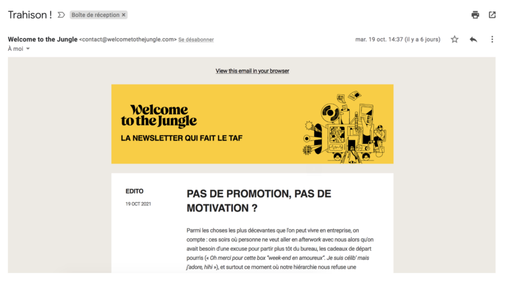 Exemple copywriting newsletter Welcome to the Jungle
